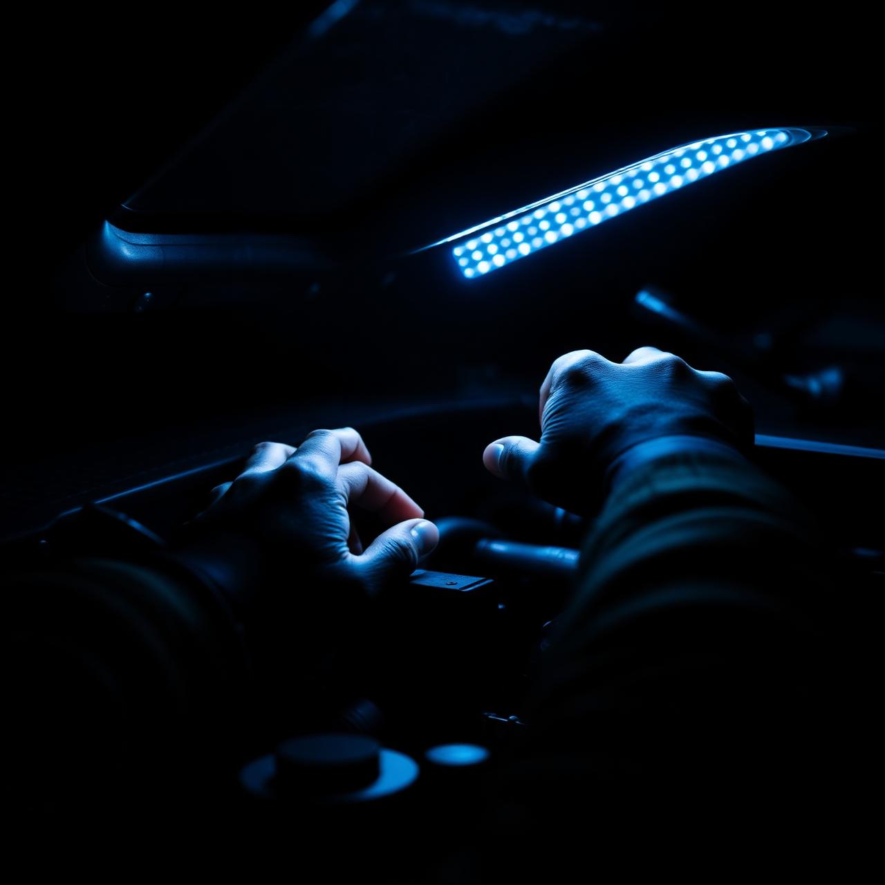Mechanic working under hood with blue LED light